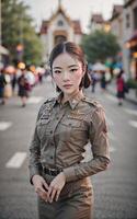 bellissimo asiatico Tailandia polizia donna a strada, generativo ai foto
