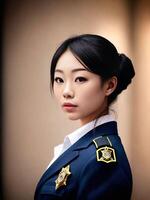 ritratto di bellissimo asiatico donna indossare polizia vestito, generativo ai foto