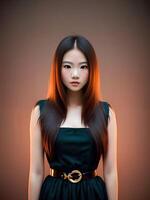 bellissimo adolescenziale asiatico donna spedizione per immagine a il studio, generativo arte di ai foto