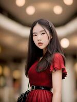 bellissimo adolescenziale asiatico donna spedizione per immagine a il centro commerciale, generativo arte di ai foto