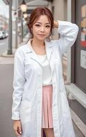 asiatico donna ricercatore scienziato indossare laboratorio cappotto, generativo ai foto