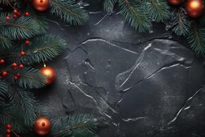 Natale decorazione, Natale luci con abete rami su un' nero strutturato sfondo. generativo ai foto