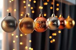 nel il nuovo anno tempo colorato sospeso Natale palle foto. generativo ai foto