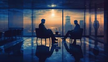 un' sfocato Immagine di attività commerciale persone nel un ufficio, silhouette figure. generativo ai foto