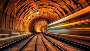 un' treno eccesso di velocità attraverso un' tunnel con movimento. generativo ai foto