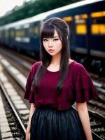 bellissimo asiatico donna a Ciao velocità treno stazione, generativo ai foto