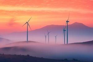 vento turbine nel il montagne a tramonto. generativo ai foto