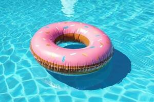 rosa ciambella galleggiante nel nuoto piscina. generativo ai foto