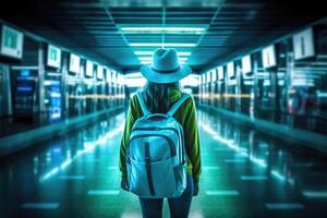 un' donna a piedi nel un aeroporto con un' zaino. indietro Visualizza foto. generativo ai foto