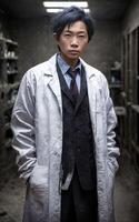 scienziato ricercatore indossare strappato laboratorio cappotto a laboratorio, generativo ai foto
