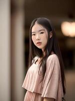 bellissimo adolescenziale asiatico donna spedizione per immagine a il centro commerciale, generativo arte di ai foto