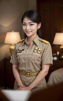 asiatico donna tailandese insegnante a scuola nel cachi completo da uomo uniforme, generativo ai foto
