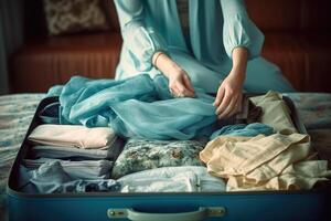 un' donna è preparazione un' valigia. viaggio concetto. generativo ai foto