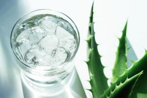 bicchiere vaso di aloe Vera succo e fresco aloe Vera le foglie. generativo ai foto