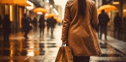 donna con shopping borse a piedi su strada. generativo ai foto