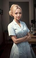 asiatico donna ricercatore scienziato indossare laboratorio cappotto, generativo ai foto