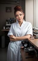 asiatico donna ricercatore scienziato indossare laboratorio cappotto, generativo ai foto
