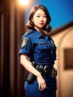 ritratto di bellissimo asiatico donna indossare polizia vestito, generativo ai foto