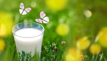 un' bicchiere di latte su verde erba. mondo latte giorno concetto. generativo ai. foto