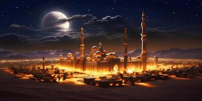 moschea silhouette nel notte cielo con mezzaluna Luna e stella. generativo ai. foto