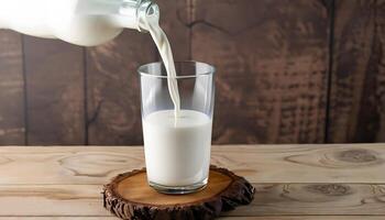 latte è versato in un' bicchiere tazza a partire dal un' bottiglia. mondo latte giorno concetto. generativo ai. foto