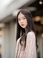 bellissimo adolescenziale asiatico donna spedizione per immagine a il centro commerciale, generativo arte di ai foto