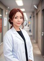 asiatico donna ricercatore scienziato indossare laboratorio cappotto, generativo ai foto