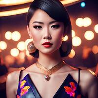 bellissimo asiatico donna a il notte festa, generativo arte di ai foto