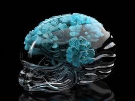 cervello è fatto di trasparente bicchiere con un' blu fiore dentro, ai generato foto