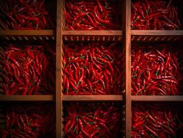 raccogliere di rosso peperoncini nel di legno cesti, ai generato foto