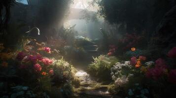 un' sentiero nel il foresta con fiori e un' lanterna. ai generato foto