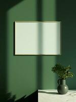 minimalista vivente camera stile con manifesto foto telaio sospeso su il parete e sole leggero finestra ombra