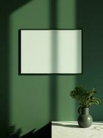 minimalista vivente camera stile con manifesto foto telaio sospeso su il parete e sole leggero finestra ombra
