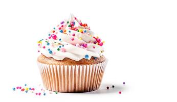 ai generativo. compleanno Cupcake su bianca sfondo foto