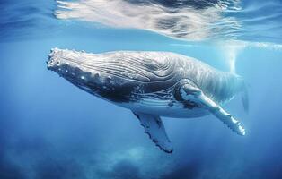 ai generativo. balena giochi nel blu acqua foto