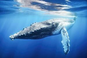 ai generativo. balena giochi nel blu acqua foto