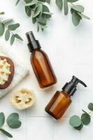 terme trattamento concetto. naturale terme cosmetici prodotti con eucalipto olio, massaggio spazzola, eucalipto foglia. foto