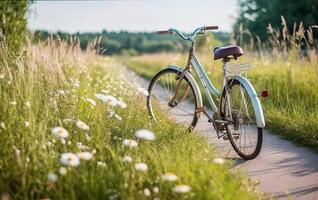 ai generativo. bellissimo primavera estate naturale paesaggio con un' bicicletta su un' fioritura prato foto