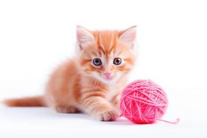 ai generativo. piccolo rosso gattino è giocato con un' palla di filato foto