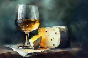 bicchiere di vino e formaggio su un' tavolo, acquerello pittura su strutturato carta. digitale acquerello la pittura. generativo ai foto
