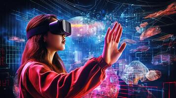 giovane donna utilizzando Avanzate tecnologia come un' vr cuffia per intelligente automazione e inteligente produzione, emergente tecnologie per il futuro di industria e attività commerciale, generativo ai. foto