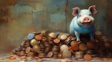 un' dipinto carino maiale si siede su mucchio di diverso moneta monete illustrazione. generativo ai. foto