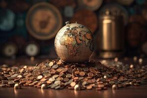un' mondo globo riposo su mucchio di misto colorato brillante monete illustrazione. generativo ai. foto