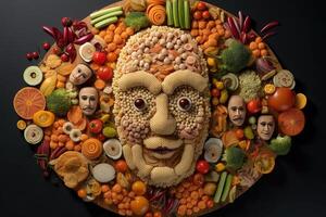 un' mazzo di diverso genere cibo formatura un' migliorata viso creativo. generativo ai. foto