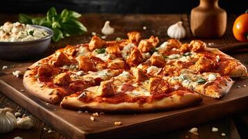 totale delizioso pollo Pizza su di legno fresa tavola per veloce cibo e pronto per mangiare concetto. generativo ai. foto