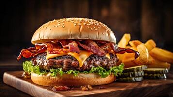 fotografia di delizioso Bacon hamburger al formaggio e patatine fritte su di legno chopping asse, generativo ai. foto