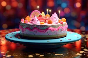 compleanno torta con illuminato candele su vassoio, celebrazione sfondo. generativo ai. foto