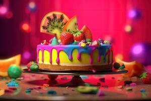 bellissimo torta decorato con frutta su vassoio per qualunque celebrazione, generativo ai. foto