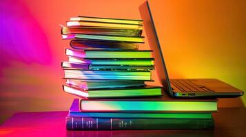 pila di libri con un' il computer portatile su vivace colori sfondo. in linea studia concetto. generativo ai tecnologia. foto