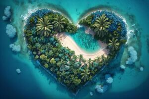 a forma di cuore isola, un' tropicale isola circondato di il mare. tropicale Paradiso sfondo. generativo ai foto